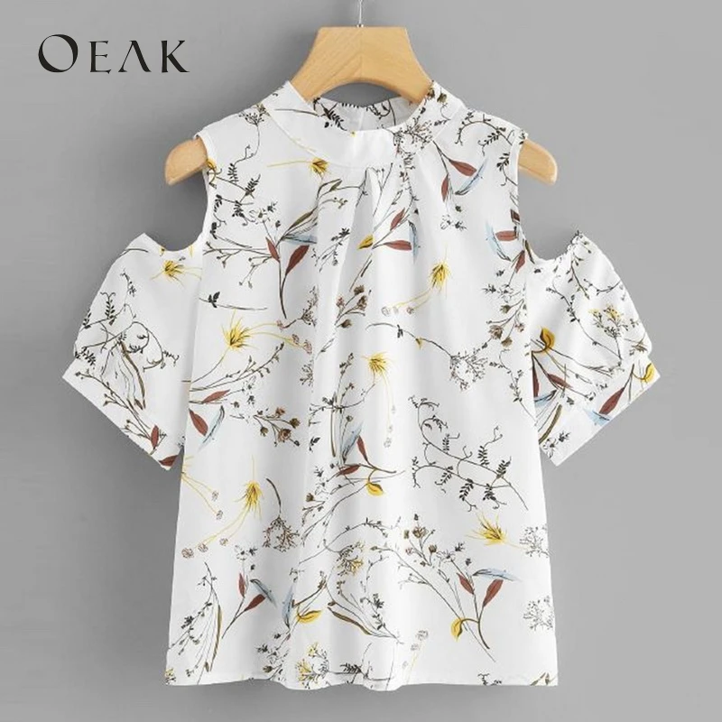 OEAK Women Summer Chiffon Blouse Sexy Cold Shoulder Shirts Casual Short Sleeve Floral Printed Tops Laides Elegant roupa feminina |