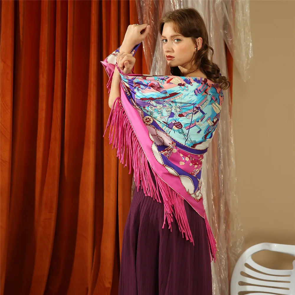 Manual made edge decorated with luxury tassel fur original design 100% silk twill women scarf Triangle lady holiday | Аксессуары для