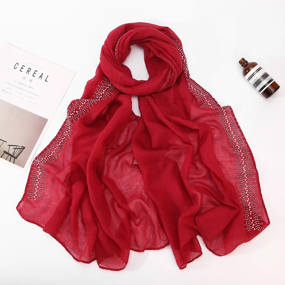 10pc/lot Viscose Soft Cotton Scarf With diamond Women's Plain Pearls Hijab Scarf Female hijab scarf shawl wrap Muslim Hijabs