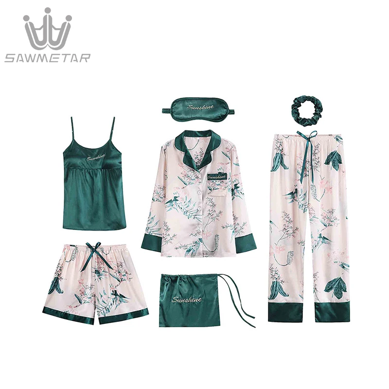 Summer Pajamas Women Emulation Silk Pijama 7 Pieces Sets Pyjamas Women Long Sleeve Print Sleepwear Spring Autumn Homewear