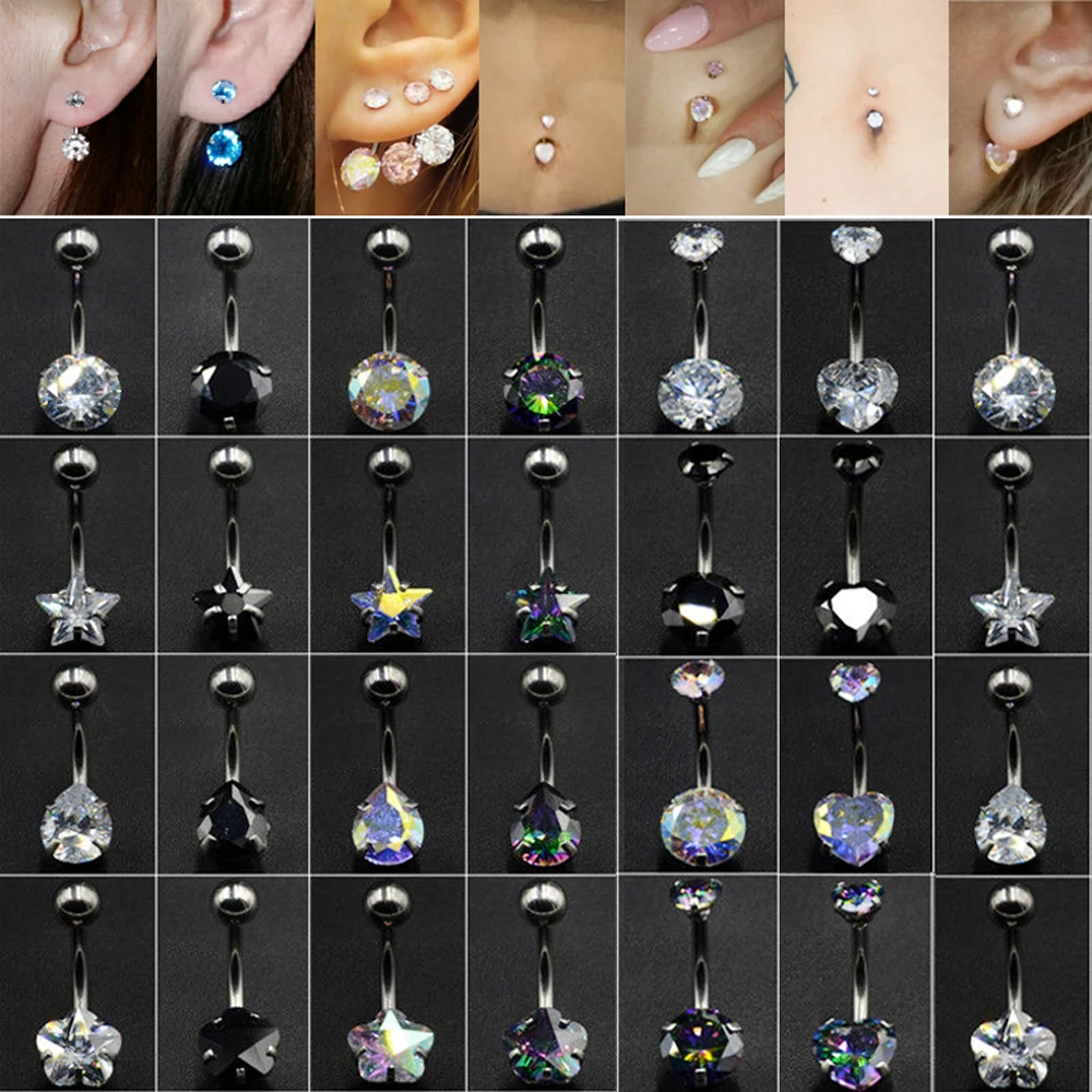 1Pc Surgical Steel Double Heart Star Zircon New Navel Belly Button Ring Ear Cartilage Helix Septum Earring Body Piercing Jewelry