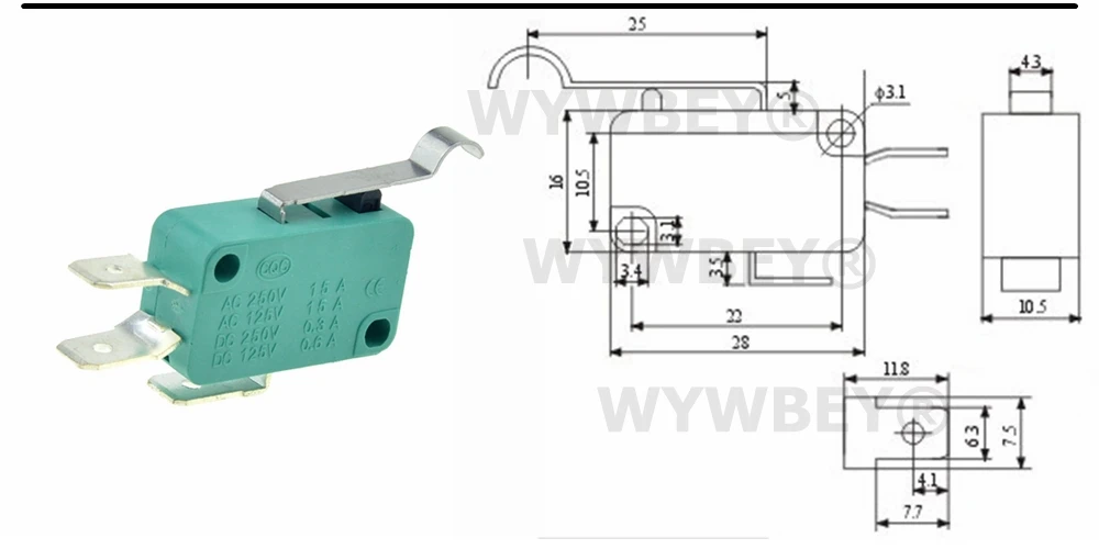 Микро концевые переключатели 16A 250V 125V NO+ NC+ COM 6,3mm 3 штифта SPDT микро переключатель 28 мм 52 мм дуговой роликовый рычаг сенсорный переключатель микропереключатель