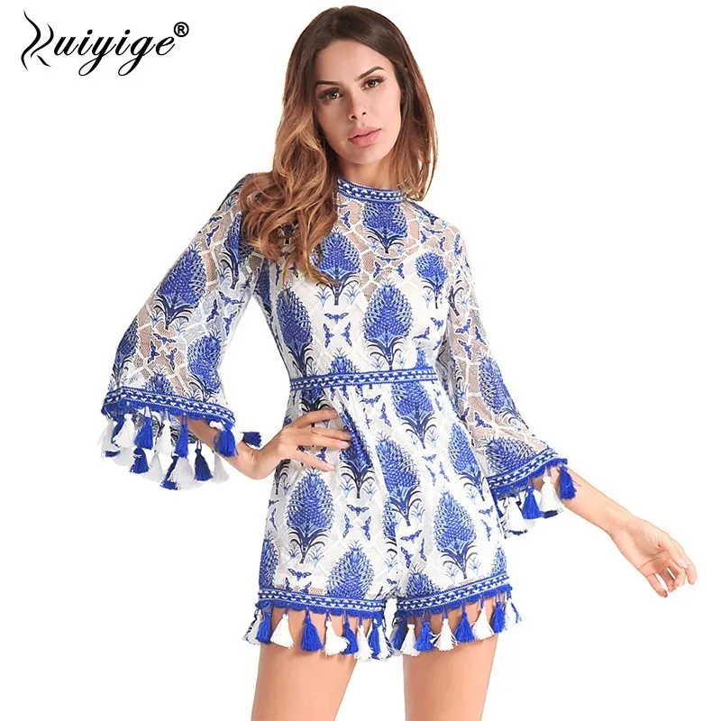 Ruiyige 2018 Лето Для женщин комбинезоны Boho комбинезон кружева вышивка кисточкой
