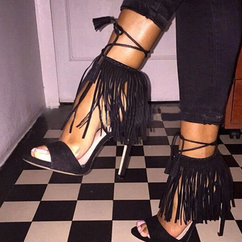 

Sexy Ladies Long Tassel Covered Lace up Sandals Women Peep toe Stiletto High Heels Ladies Fringed Party Sandalias Shoes size 46