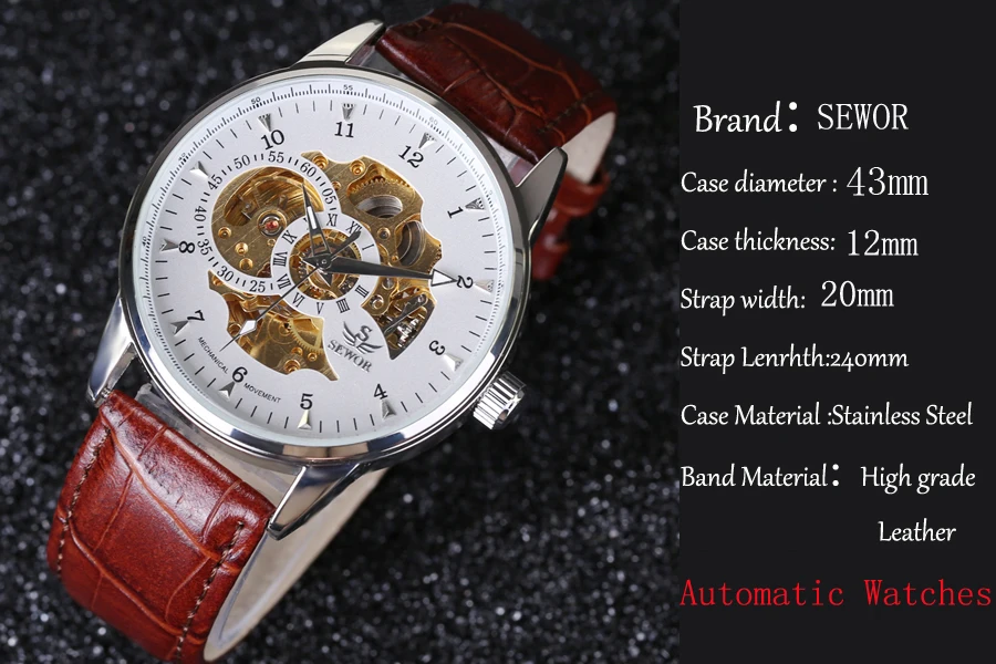 Fashion automatic mechanical Watch luxury brand SEWOR Watches skeleton military clock leather men casual erkek kol saatleri