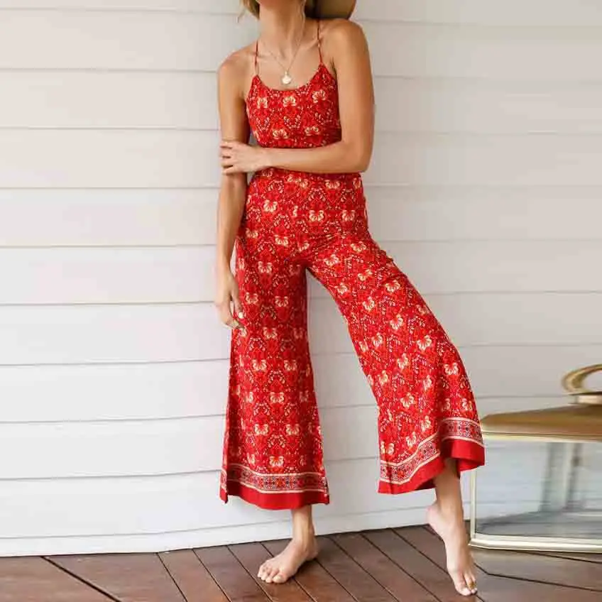 Летний комбинезон без рукавов для женщин длинный со шнуровкой цветочный боди с