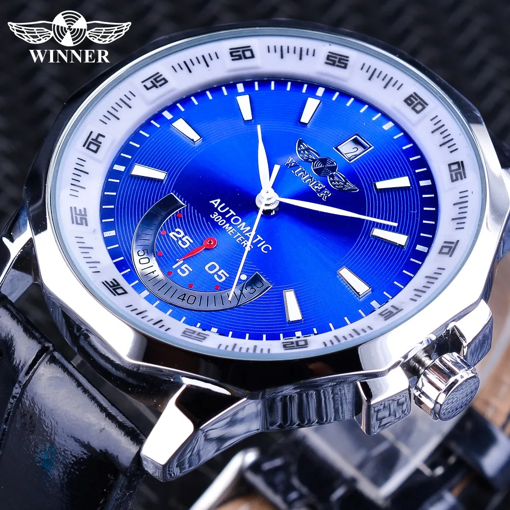 

Winner Sport Fashion Blue Design Irregular Shape Calendar Mechanical Automatic Watches for Men Top Brand Luxury Luminous Hands