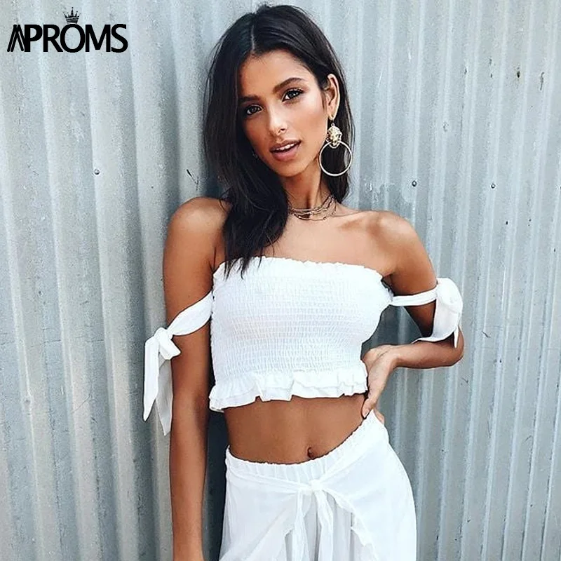 Aproms, 90 s, крутая уличная одежда для девочек, эластичный кроп-топ, женский сексуальный бантик, оборки, тонкая женская майка,, летняя однотонная повседневная майка