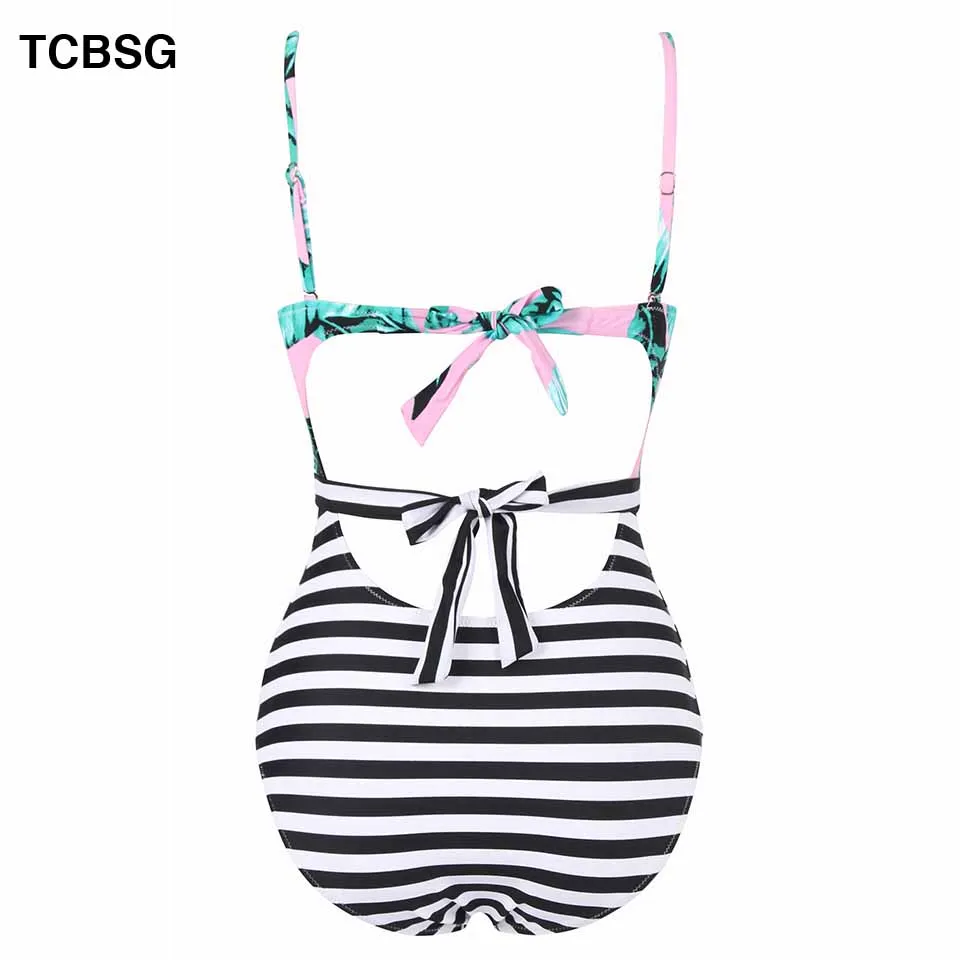 TCBSG One Piece Swimsuit 2019 Sexy Women Bodysuit Striped Bathing Swim Vintage Summer Beach Wear Print Bandage Monokini | Спорт и