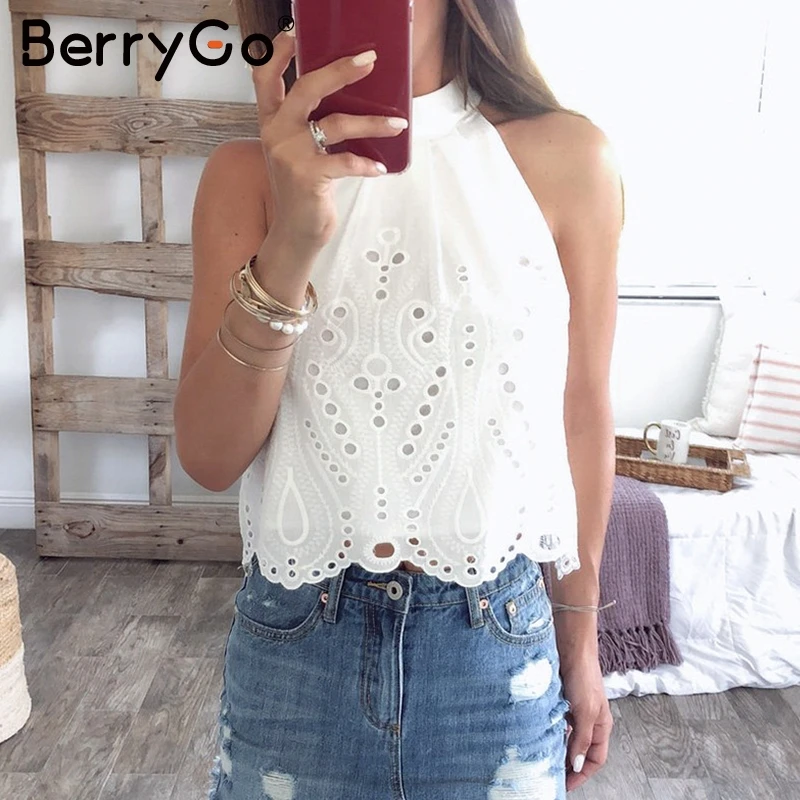 BerryGo Sexy со стоячим воротником летние белые на бретелях женщин Винтаж без рукавов