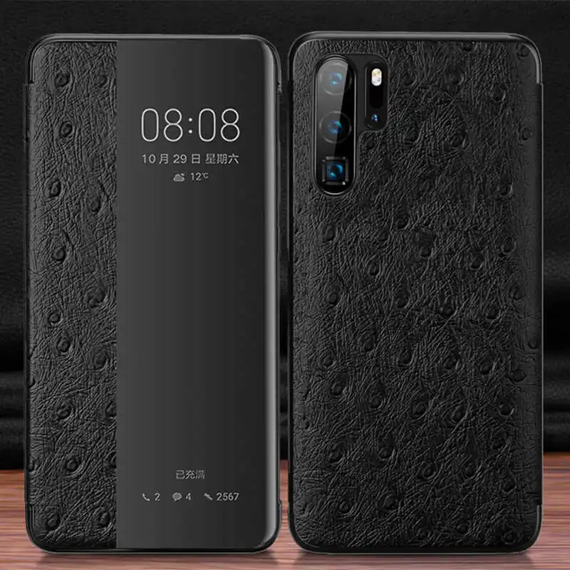 black Чехол из натуральной кожи для huawei P30 Pro, умный чехол с окошком для просмотра, чехол для huawei P30 P30Pro, чехол, Fundas - Цвет: black