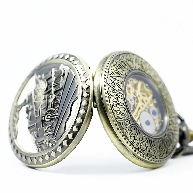 Поезд резные Винтаж карманные часы Механическая Рука обмотки Цепочки и ожерелья