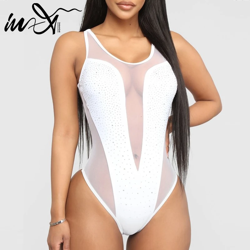 In X сверкающий цельный купальник Женская сексуальная сетка бикини 2019 белый