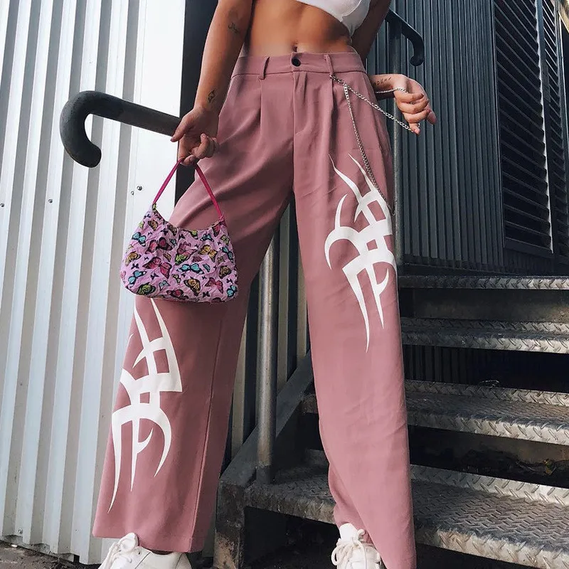 Women New Smoke Pink Black Print High Waist Slimming Wide Leg Trousers Fashion Streetwear Loose Straight Pants Hot Sale | Женская одежда