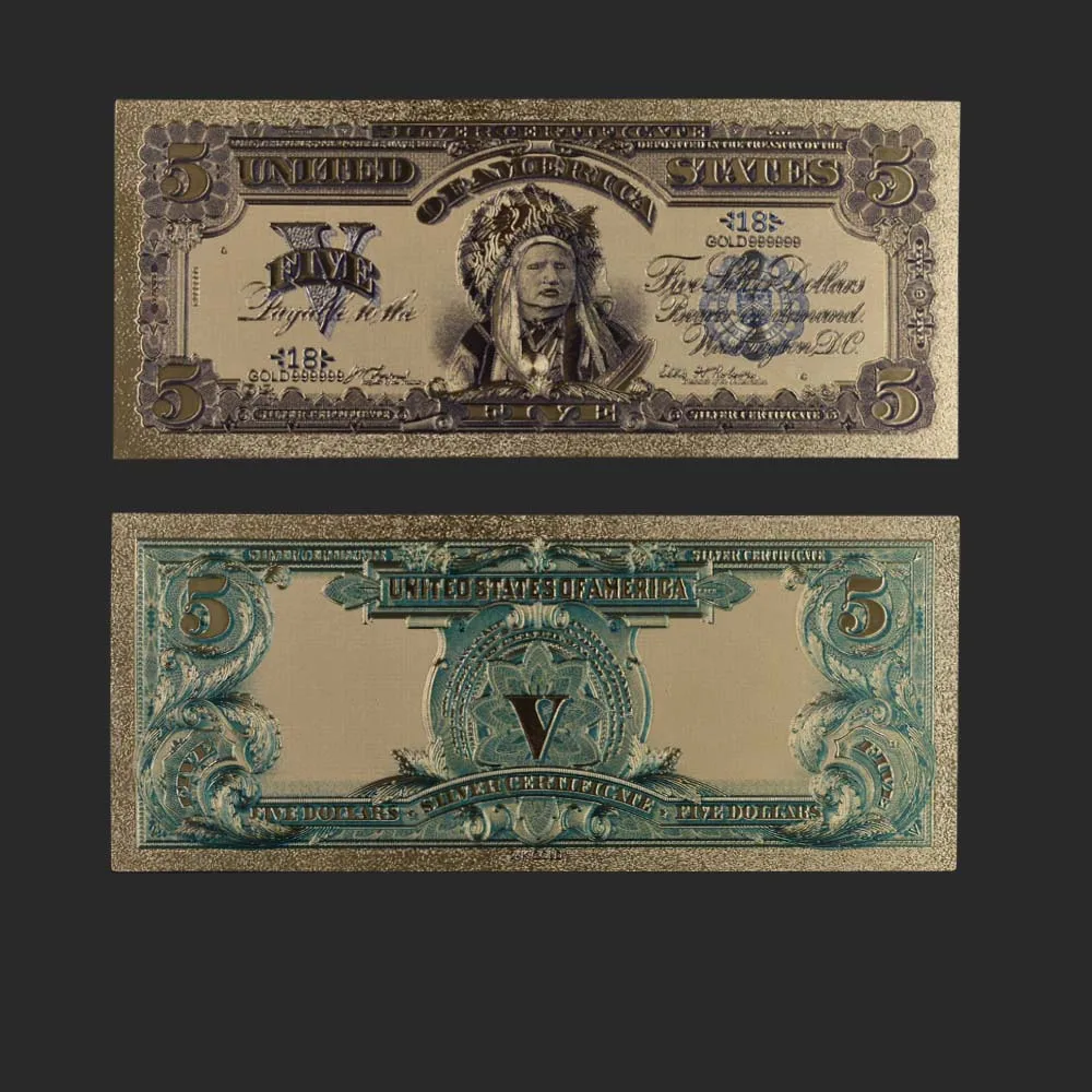 

World Fake Money 1899 Years Gold Banknotes USA 5 Dollars Gold Foil Banknote Bill American Design