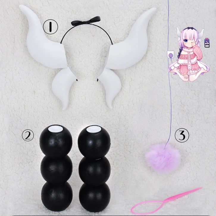 Термостойкий парик для косплея Miss Kobayashi's Dragon Maid Kanna Kamui, фиолетовые волосы длиной 100 см с эффектом омбре, 6 шариков, хвост, рог (art.: 7ac222e09) - 7ac222e09