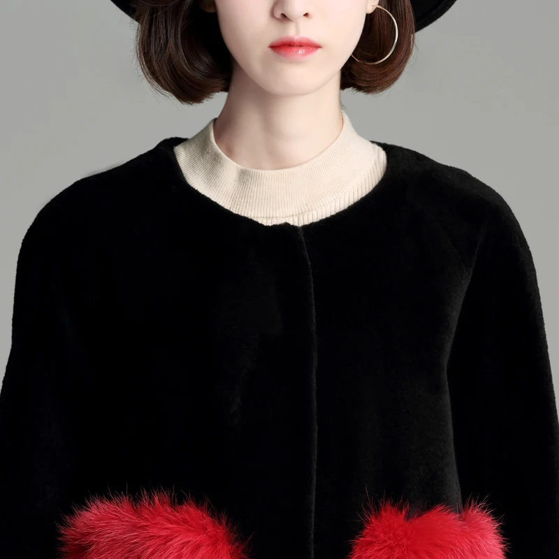 Женское зимнее пальто из натурального меха Черное длинное шерстяное с длинными