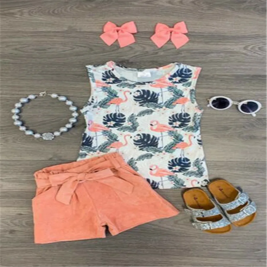 

2Pcs Cute Casual Toddler Baby Girls Summer Cotton Flower & Flamingo Tank Tops Vest T-shirt Shorts Pants Bow Outfits Clothes Set