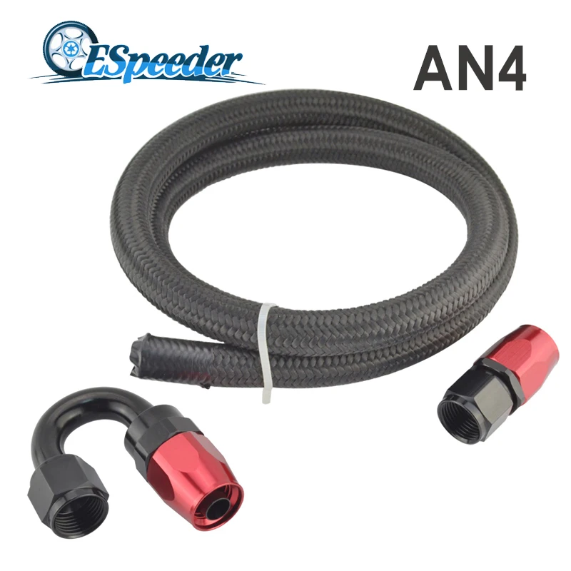 

ESPEEDER AN4 4-AN 1M Straight 180 Degree Swivel Fitting Oil Line Hose End Stainless Braided Nylon Black Fuel Tubing Pipe Kit