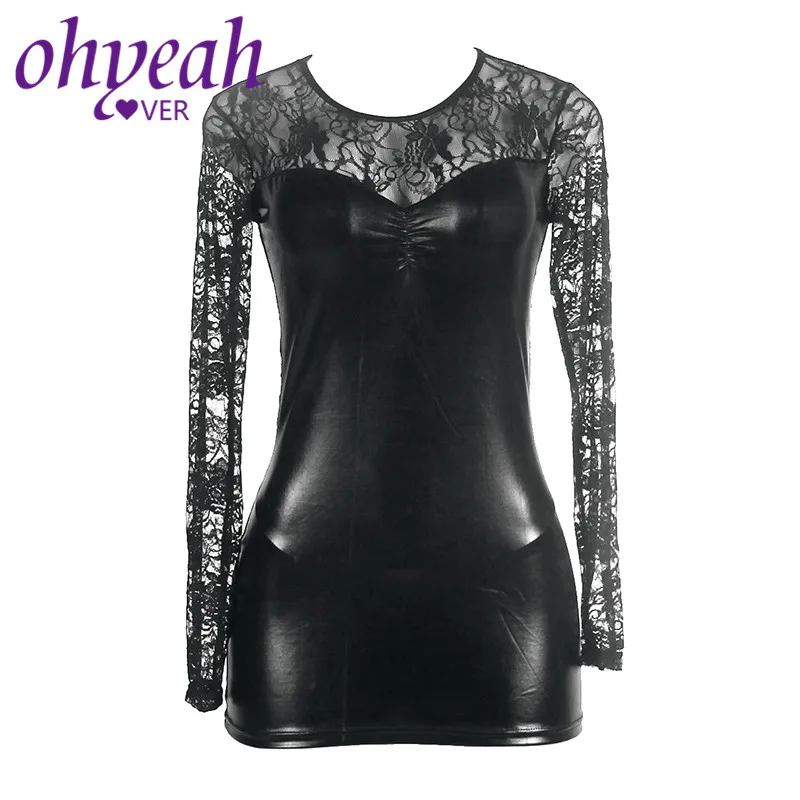 Сексуальное кожаное мини платье Ohyeahlover Клубная одежда Кружевное облегающее с