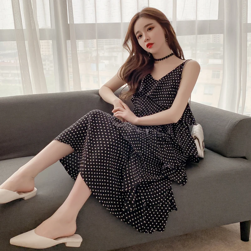 

Summer Fairy Teens Girls Sweet Layered Ruffles Dress Polkay Spaghetti Strap Dress Fashion Casual Streetwear Sexy Party Dress