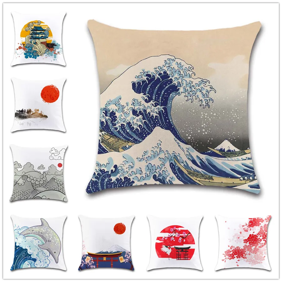 

Japanese style printing Sunrise wave white Cushion Cover Decorative Home room sofa chair living room friend gift pillowcase