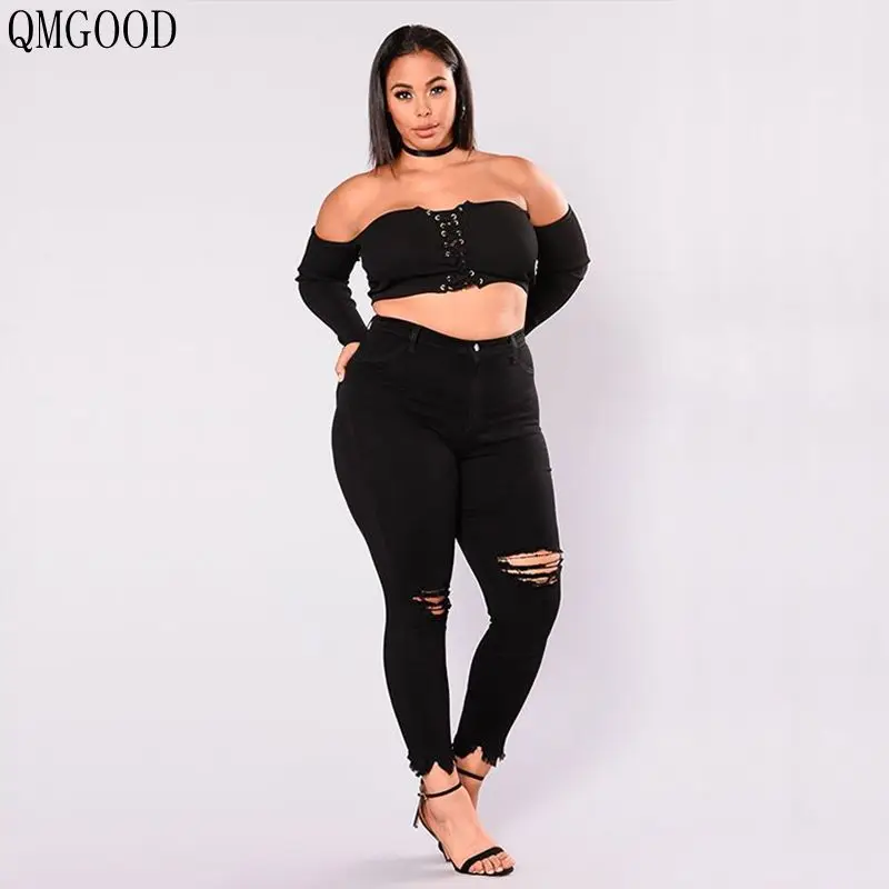 QMGOOD 2018 Boyfriend Jeans for Women Plus Size Black Ripped Skinny Stretchy Denim Mom Big Distressed 5XL |