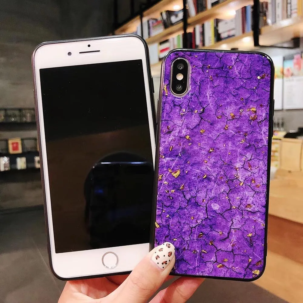 for iphone 6 6s 7 8 plus X Xs max Xr Violet Emerald Color Marble Phone Case Glitter Gold Foil Black Soft Edge Mobile Back Cover |