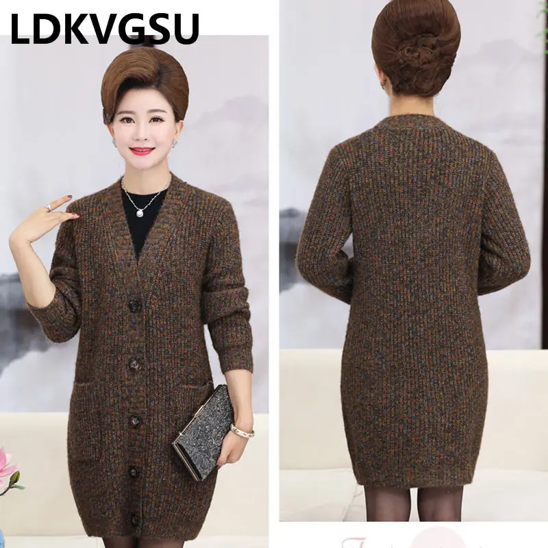 

Fashion Middle-aged Women's Long Sweater Coat 2019 Spring Winter Single Breasted With Pocket Female Thicken Knit Cardigan Is1730