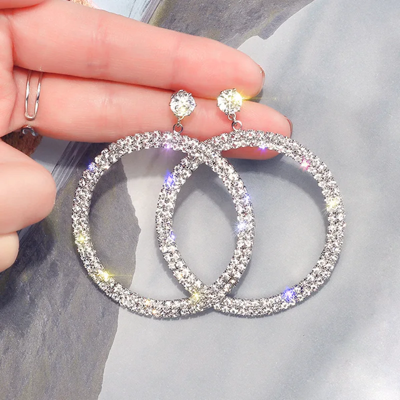 DREJEW Big Rose Gold Silver Circle Rhinestone Pearl Statement Earrings Christmas Fashion Hoop for Women Weddings HE456 | Украшения и