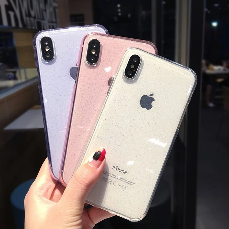 USLION Glitter Powder Phone Case For iPhone 6 6s 7 8 Plus Transparent Soft TPU Silicone Cases Cover X XS XR Xs Max |