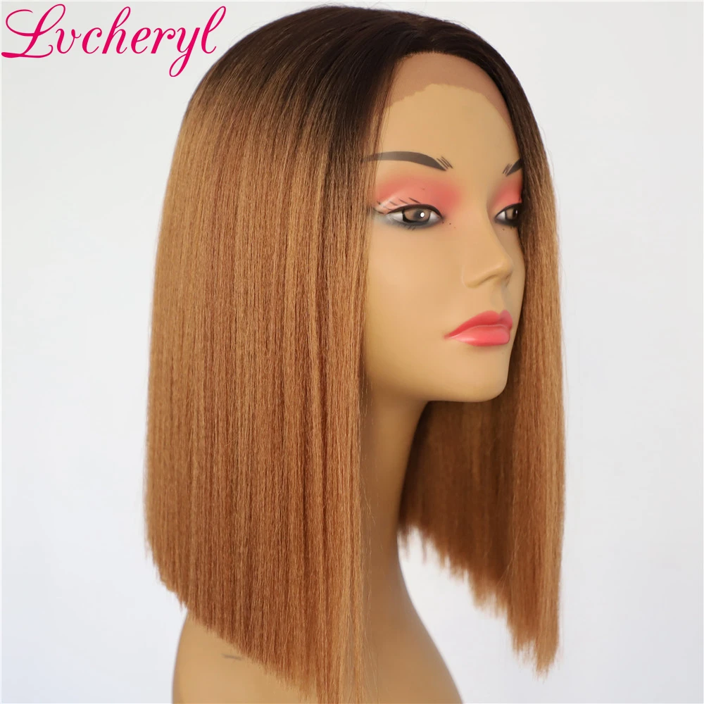 Lvcheryl Ombre черный коричневый цвет короткий Боб глубокий L пробор термостойкие волокна яки Синтетические Кружева передние парики для женщин
