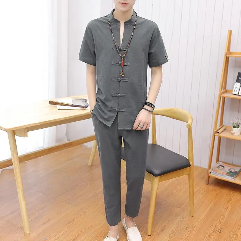 Loldeal Short-sleeved Shirt + Nine Pants Men's Suit V-neck Casual Shorts Summer Button Chinese Linen Harajuku | Мужская одежда
