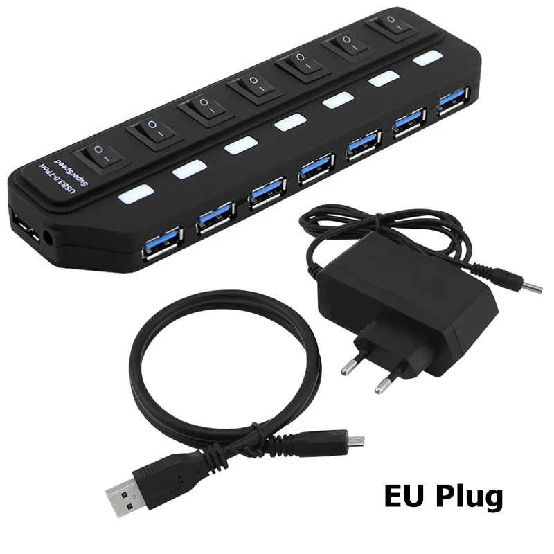 7 Ports with EU Plug Высокая Скорость usb-хаб 3,0 4/7 Порты и разъёмы USB 3,0 концентратор 5 Гбит/с разветвитель на переключатель включения/выключения на соответствие стандарту ЕС/США/AU/UK Мощность адаптер для MacBook ноутбука ПК - Цвет: 7 Ports with EU Plug