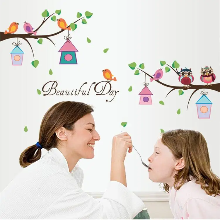 Мультипликационные животные Цветные Птицы совы ветка дерева DIY съемные