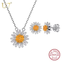 u7 925 sterling silver flower daisy pendant rolo chain and stud earrings set valentines mothers day gifts jewelry new sc93