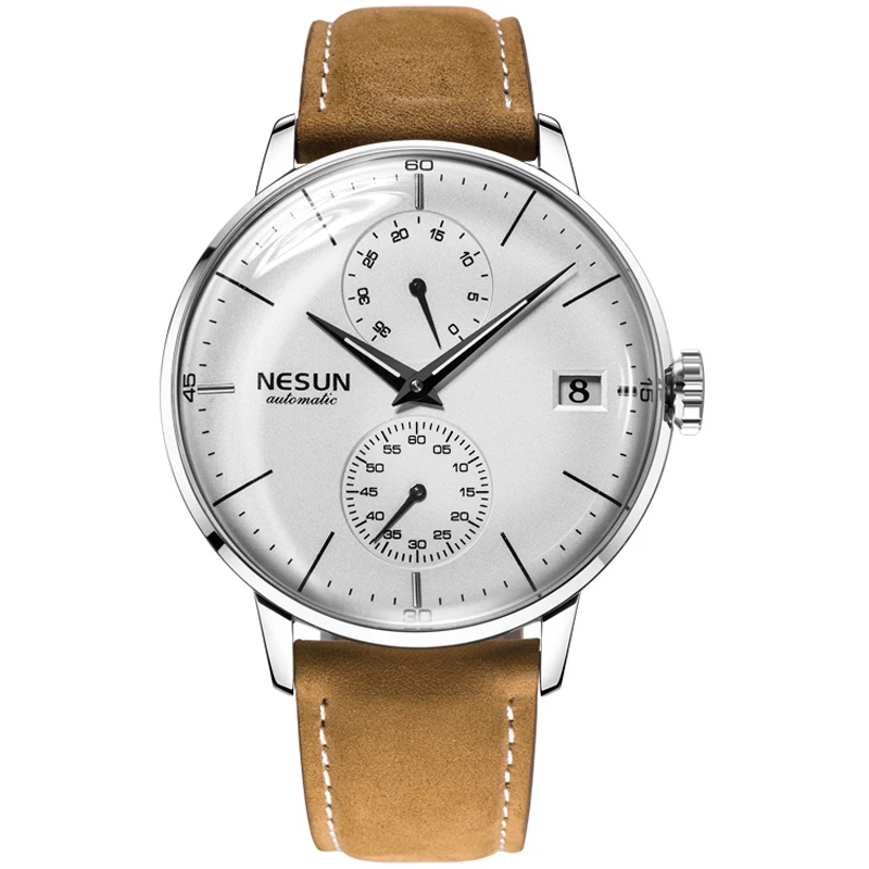 Leather-SilverBrown NESUN Роскошные Брендовые мужские автоматические механические часы мужские модные повседневные наручные часы, натуральная кожа мужские часы Relogio Masculino - Цвет: Leather-SilverBrown
