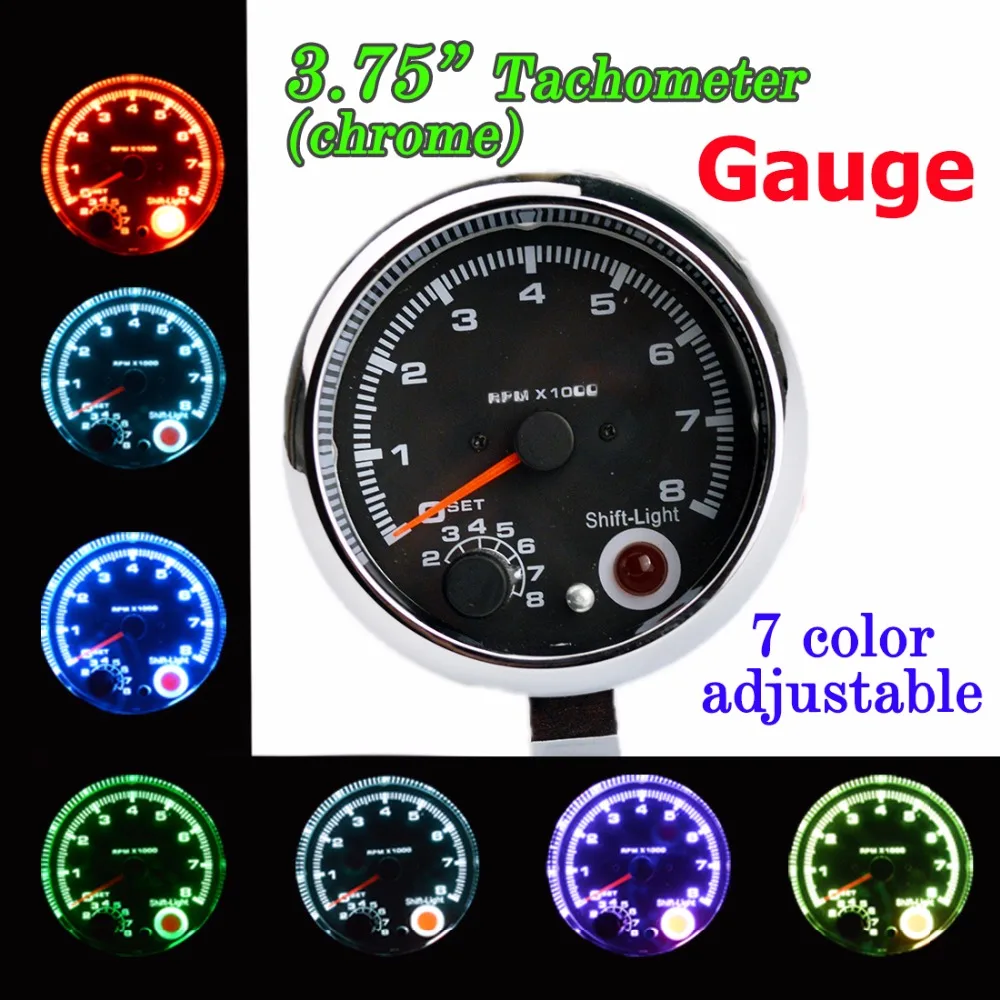 Тахометр DRAGON GAUGE 3,75 дюйма, хромированный, с 7 настраиваемыми цветами светодиодов, для автомобилей 12В, счетчик 3 3/4 дюйма, 0-8000 об/мин, с сигналом переключения.
