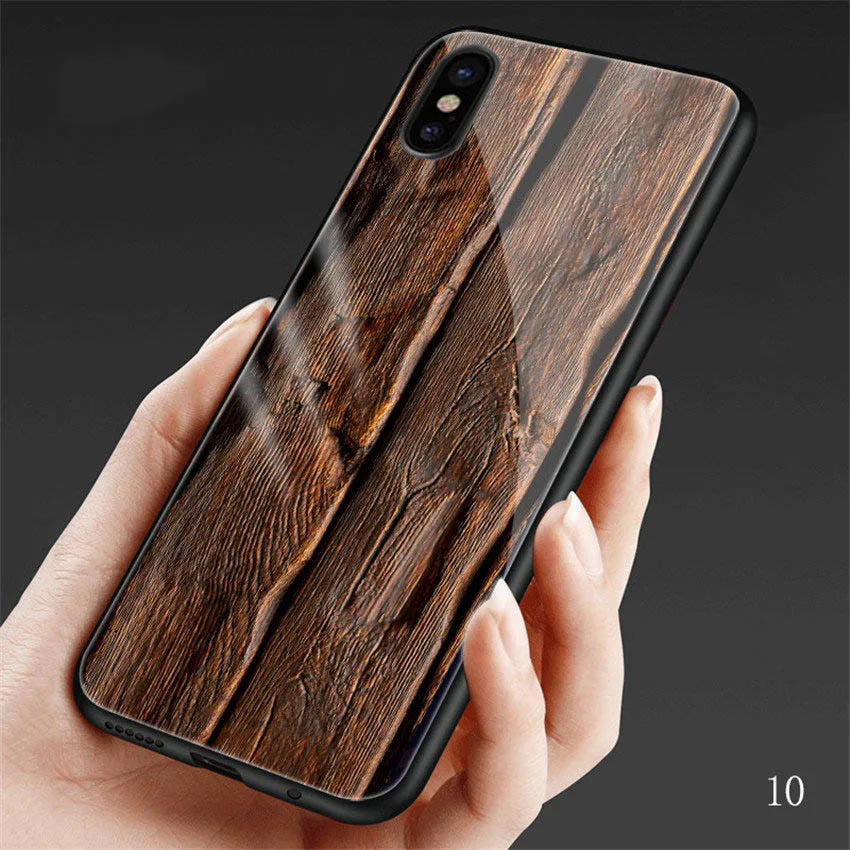 Чехол из окрашенного под дерево стекла для iPhone X, XR, XS, Max, чехол из закаленного стекла, Силиконовый противоударный чехол s, для iPhone 7, 8, 6, 6s plus