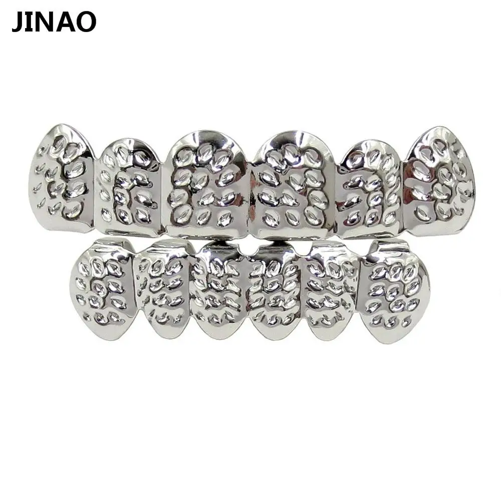 Silver Set JINAO выпуклая форма позолоченные хип-хоп ЗУБЫ грили D-Cut Верхняя и нижняя гриля набор с силиконовыми вампирскими зубами гриль набор - Окраска металла: Silver Set