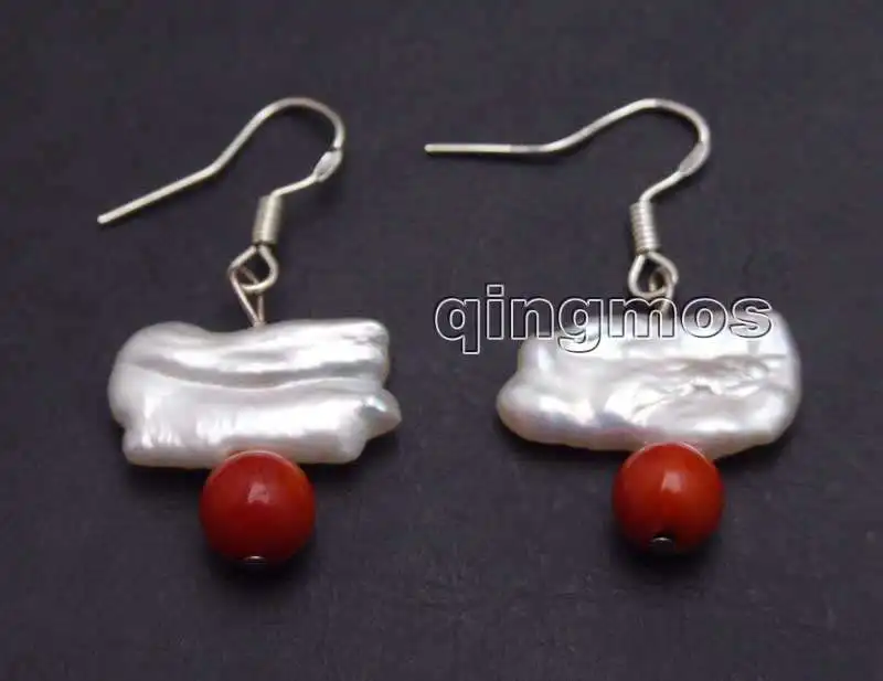 

12-15mm White Natural Freshwater Biwa Pearl and 6-7mm Round Red Coral Earring-ear444 wholesale/retail Free shipping