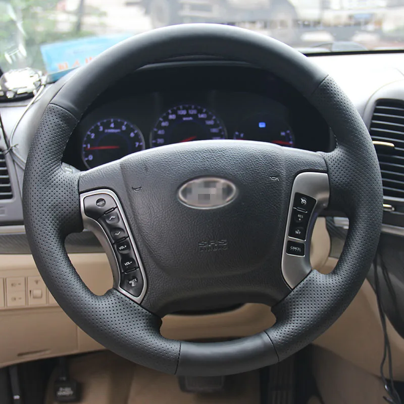 Новинка Противоскользящий черный кожаный чехол на руль для Hyundai Santa Fe 2012|steering wheel