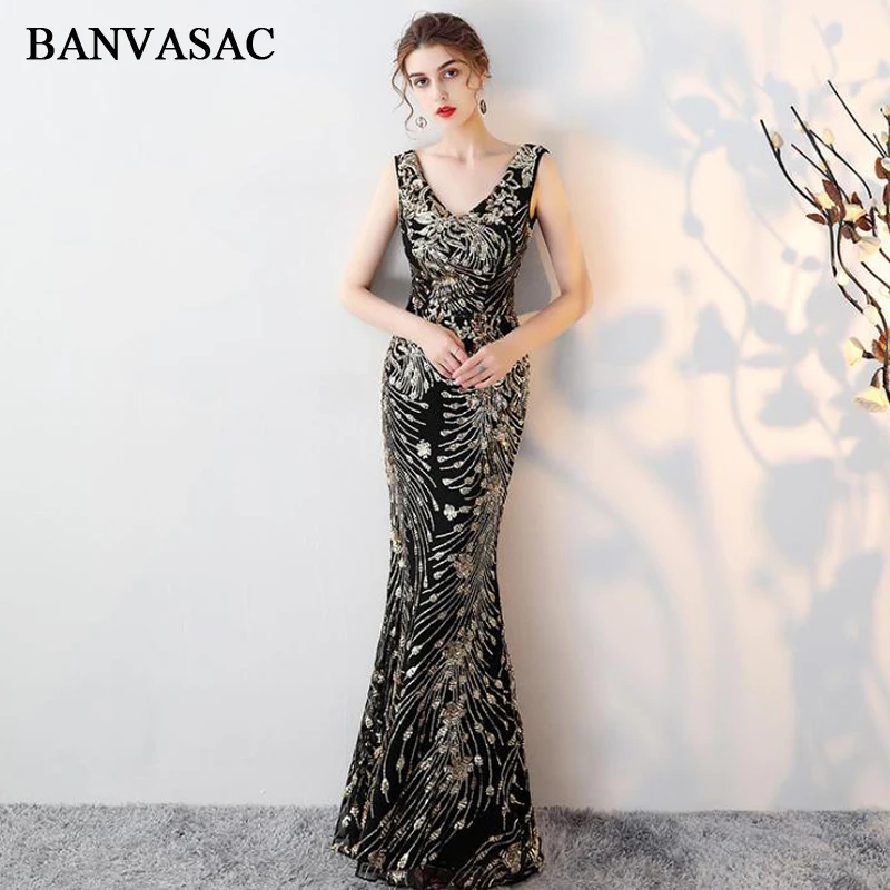 BANVASAC 2018 сексуальные с V образным вырезом блестками Вышивка Русалка Длинные