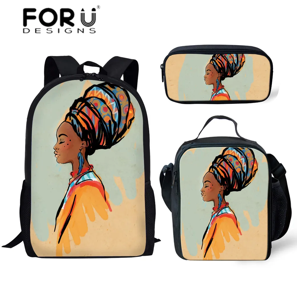 

Женские рюкзаки FORUDESIGNS для детей, школьный рюкзак с черным художественным принтом в африканском стиле для девочек, 3 шт./компл., женский рюкза...