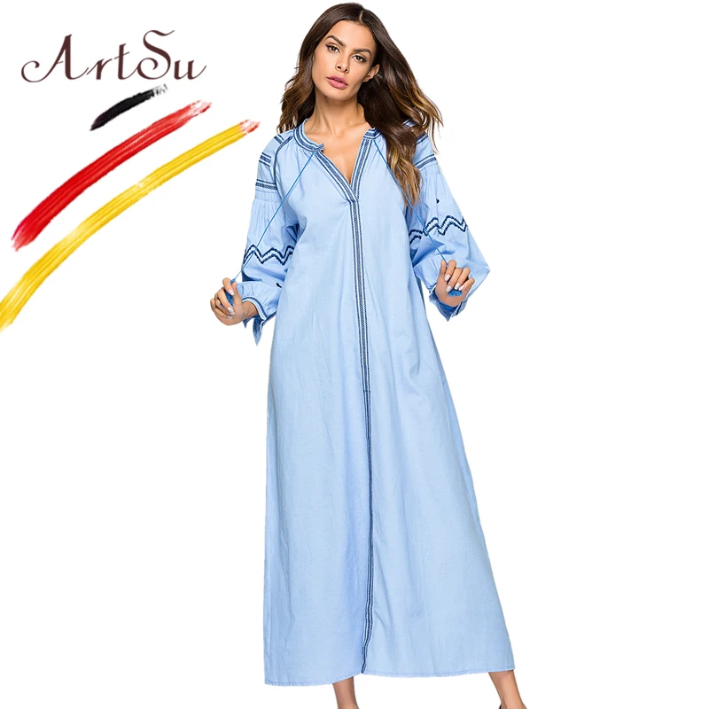 

ArtSu Women V-Neck Sexy 2018 Autumn XXL Lantern Sleeve Casual Striped Maxi Dress Vestido Mujer Oversized Tassel Ethnic Dress