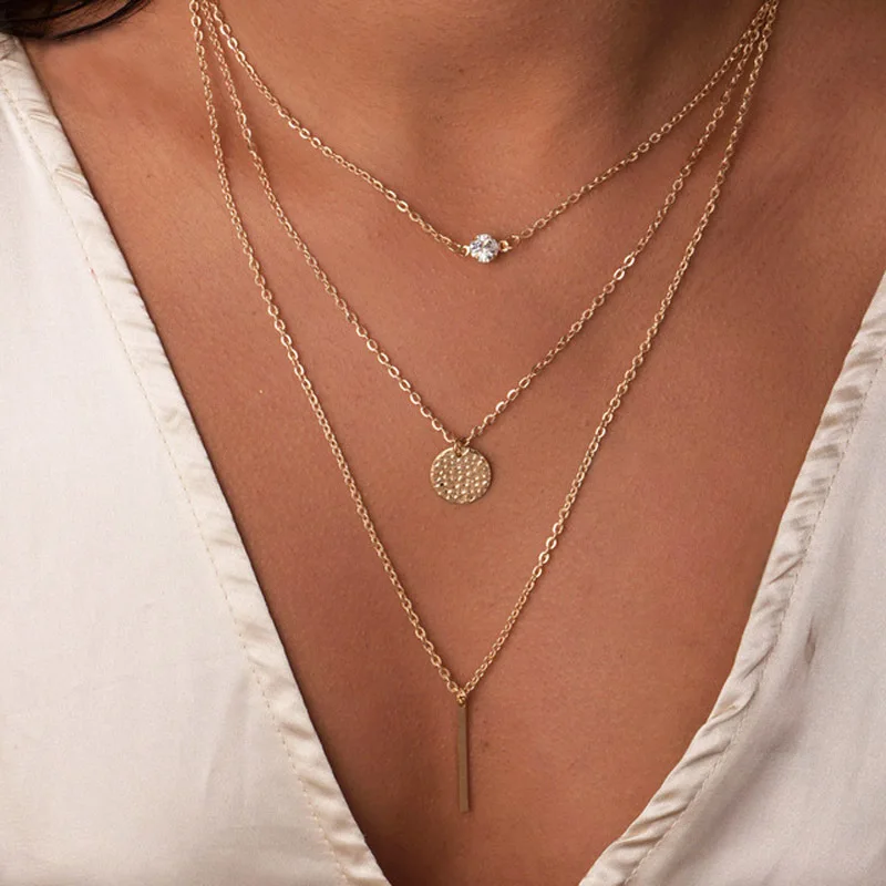 

Women's Fashion Jewelery Colar European Simple Gold Silver color Multilayer Punk Bar Crystal Round Coins Necklace Clavicle Chain
