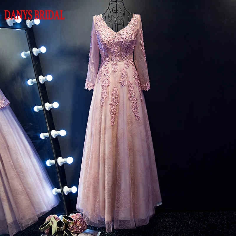 Розовые кружевные вечерние платья с длинным рукавом трапециевидной формы для
