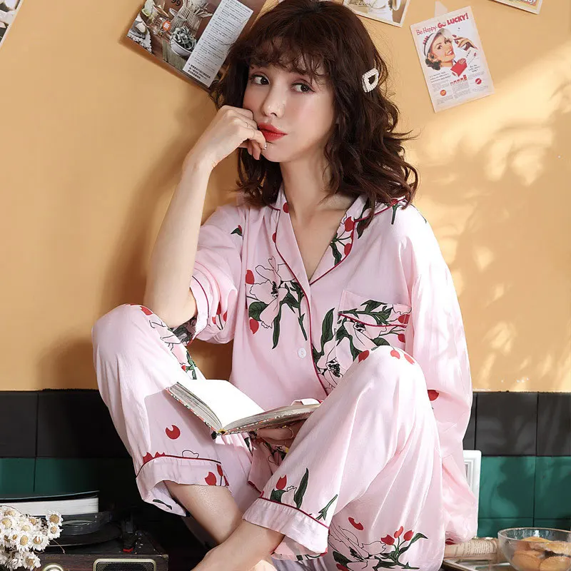 pink BZEL/пижамный комплект из 2 предметов, Женский Пижамный костюм с длинными рукавами и отложным воротником, атласная пижама Mujer, Белье для сна, 11 видов узоров - Цвет: pink