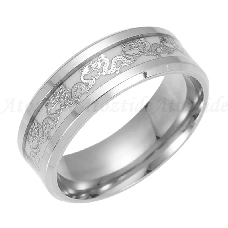 Atoztide 8mm Luminous Stainless Steel Double Dragon Ring For Men Fluorescent Long Totems Finger Rings Glowing | Украшения и