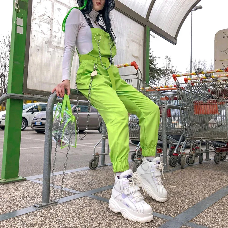 На подтяжках комбинезон спагетти комбидресс Корейская сумка Harajuku туфли с пряжкой и ремешком с металлической цепочкой комбинезоны Для женщин с открытой спиной шик в уличном стиле